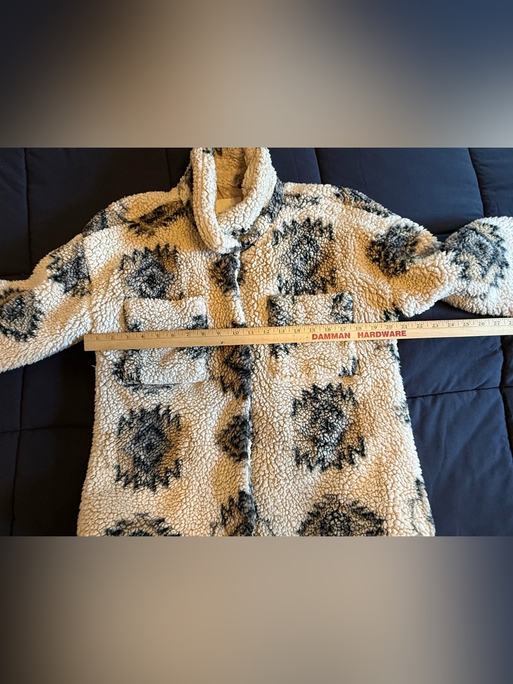Thread & Supply Sherpa Fleece Shacket Ivory Gray Aztec Print Button Front Jacket - Picture 4 of 8